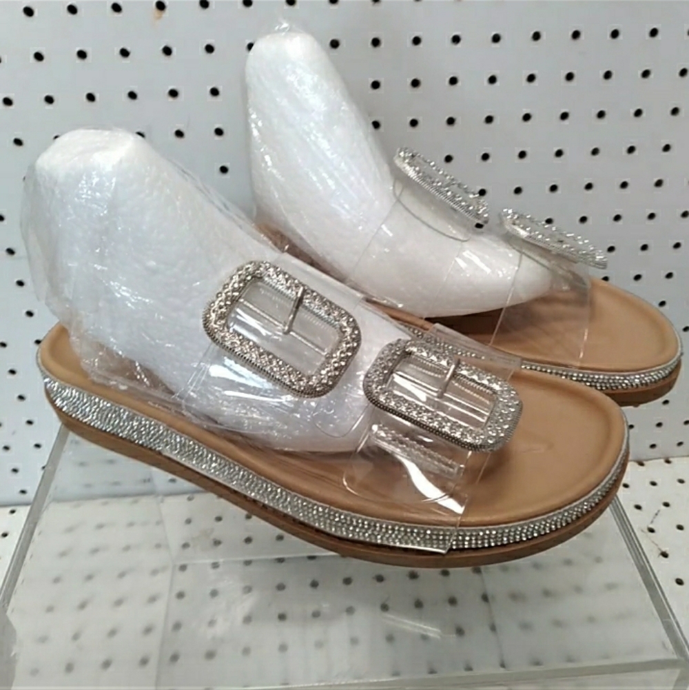 C Comfort | Women's Silver Sandals Rhinestone Flat Wedge Heel Strap Buckle Slide - Picture 6 of 9